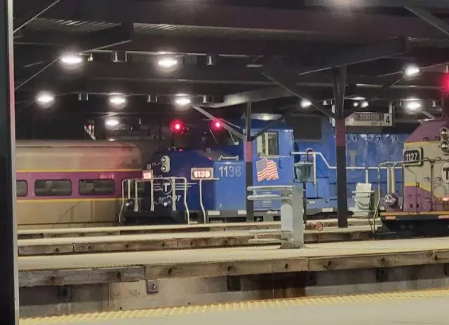the blue MassDOT painted GP40 train 1136 at north station.
